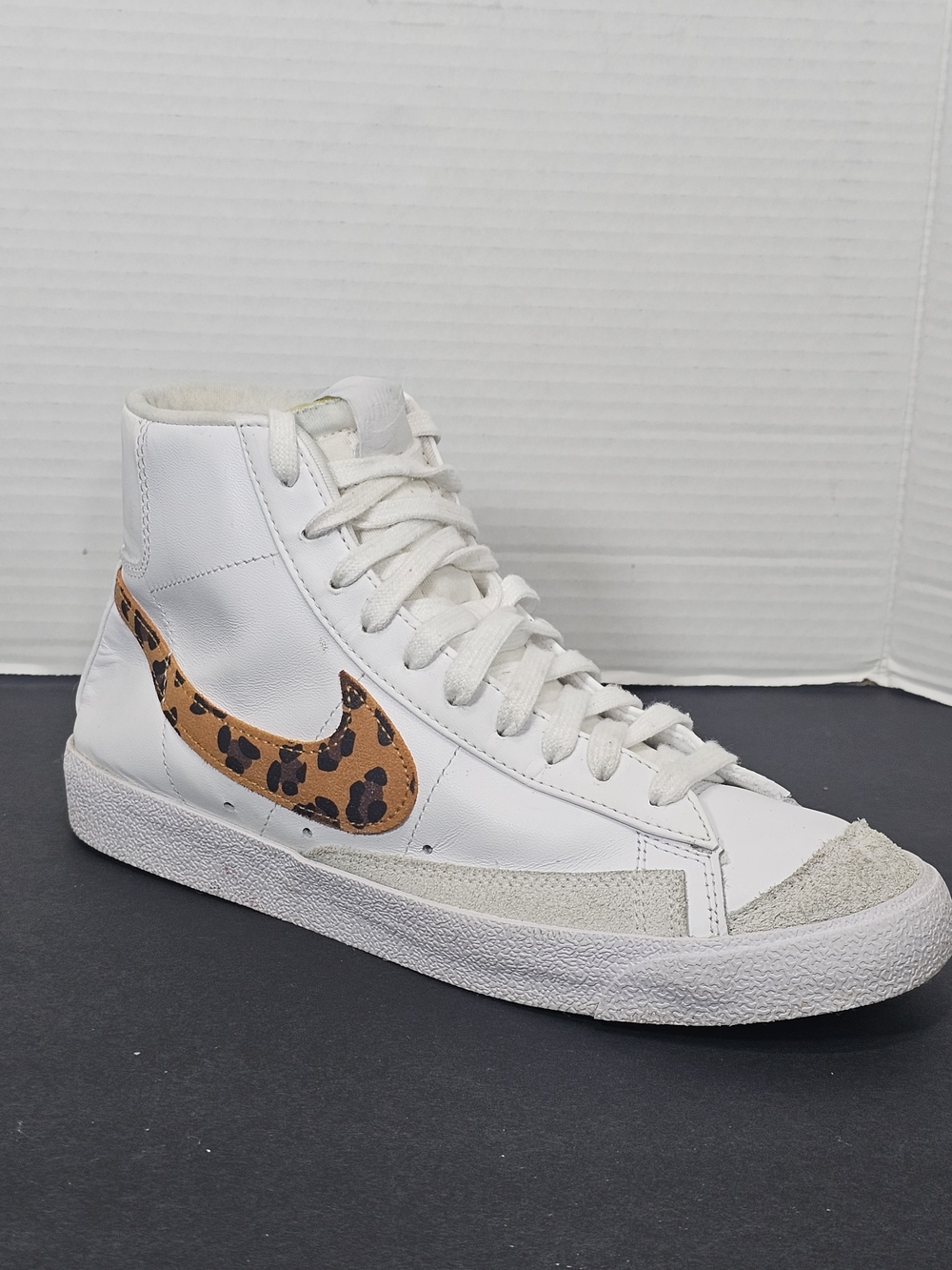 Nike White High-Top Sneaker with Leopard-Print Swoosh Womens Sz 9 White